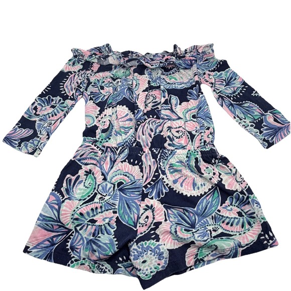 Lilly Pulitzer Other - Lilly Pulitzer‎ Girls Ruffle Romper Pink Blue Floral Size S 4/5 Holy Flockamolie